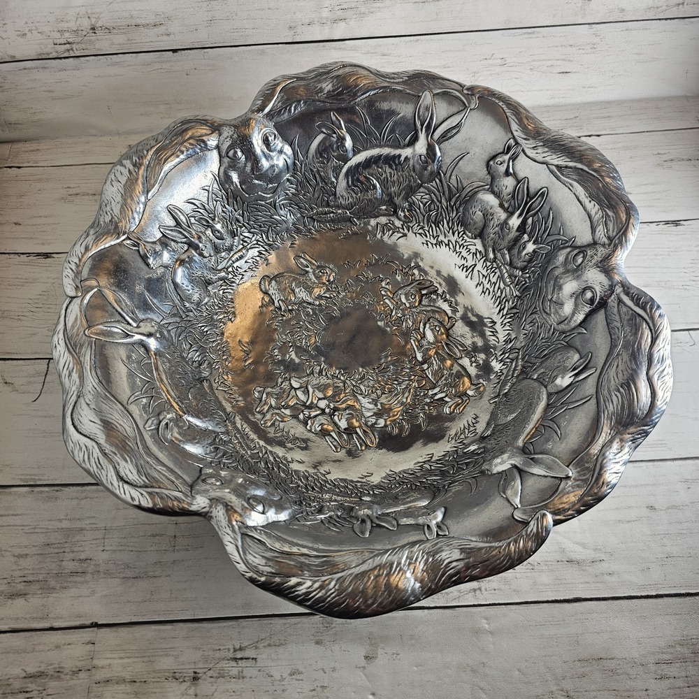 Arthur Court 14" Aluminum Bunny Rabbit Large Salad Bowl Serving Dish Easter 1993